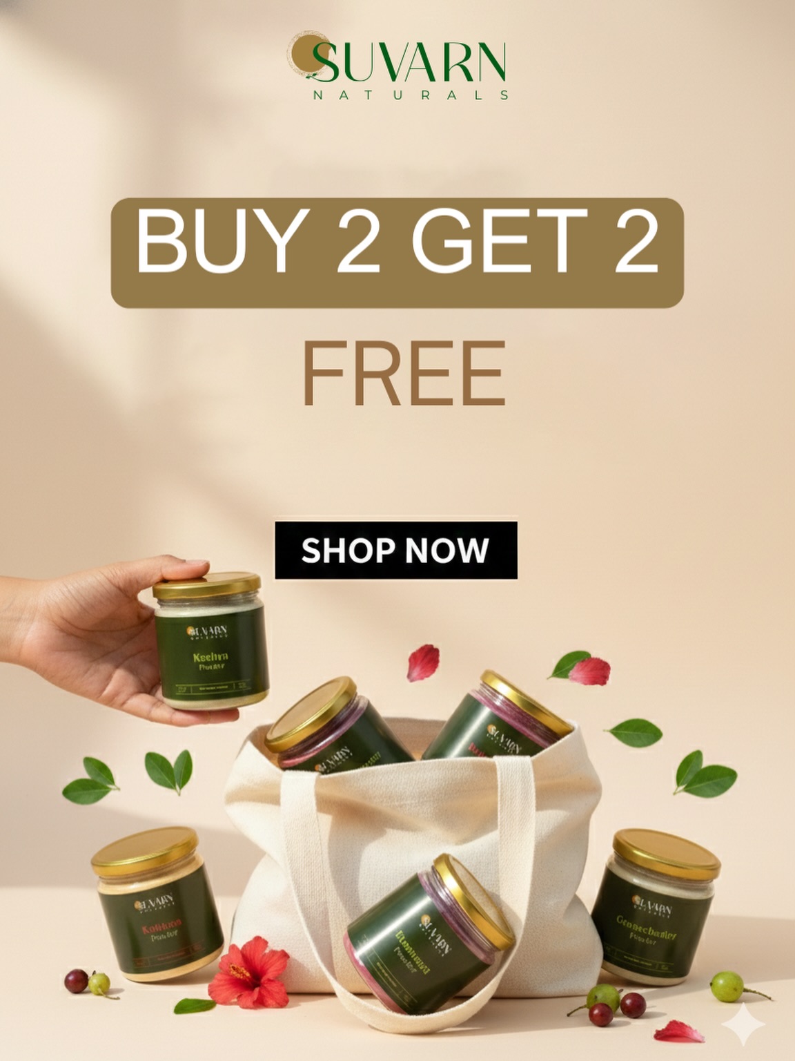 Suvarn Naturals brings you the power of pure herbs for your daily skin, hair, and wellness routine. Our carefully selected herbal powders are known for supporting natural glow, healthy-looking hair, and overall nourishment — without harsh chemicals.
🌿 Crafted for those who believe in gentle, plant-based self-care
🌿 Suitable for regular use as part of a natural beauty routine
Limited-Time Offer: Buy 2 products and get 2 FREE — the perfect chance to stock up or share with someone you love.
Choose natural. Choose mindful. Choose Suvarn Naturals. 

#valentineoffer #naturalskincare #herbalhaircare #sale #giftideas