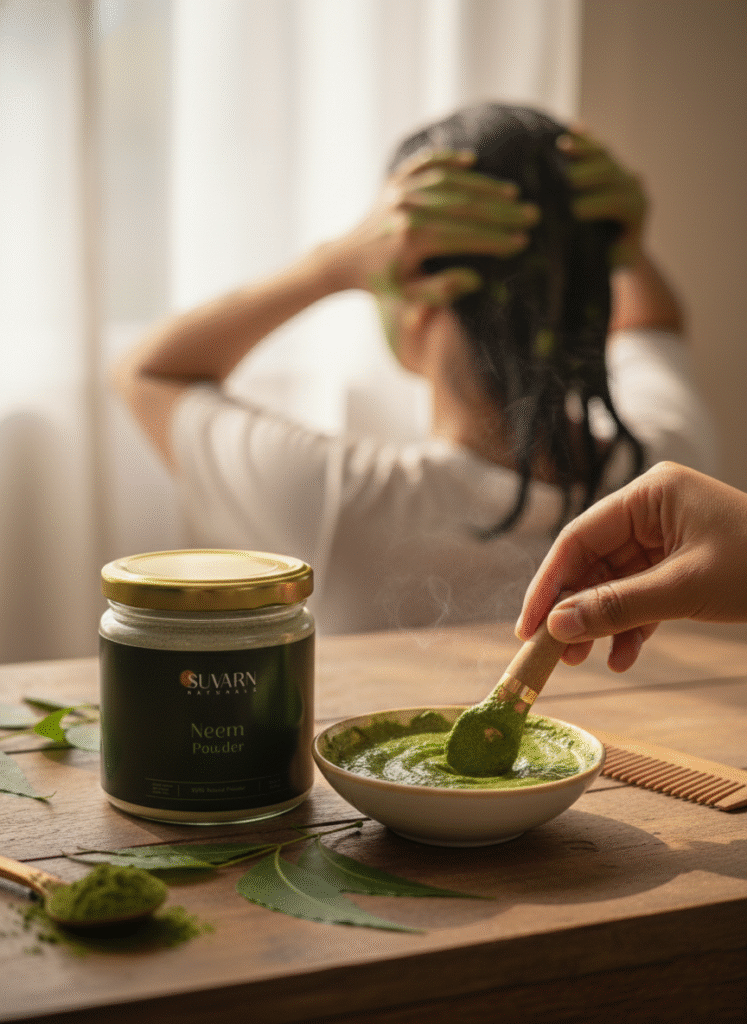 Hand mixing neem powder into green paste in bowl with Suvarn Naturals jar in foreground and woman applying hair mask in background.