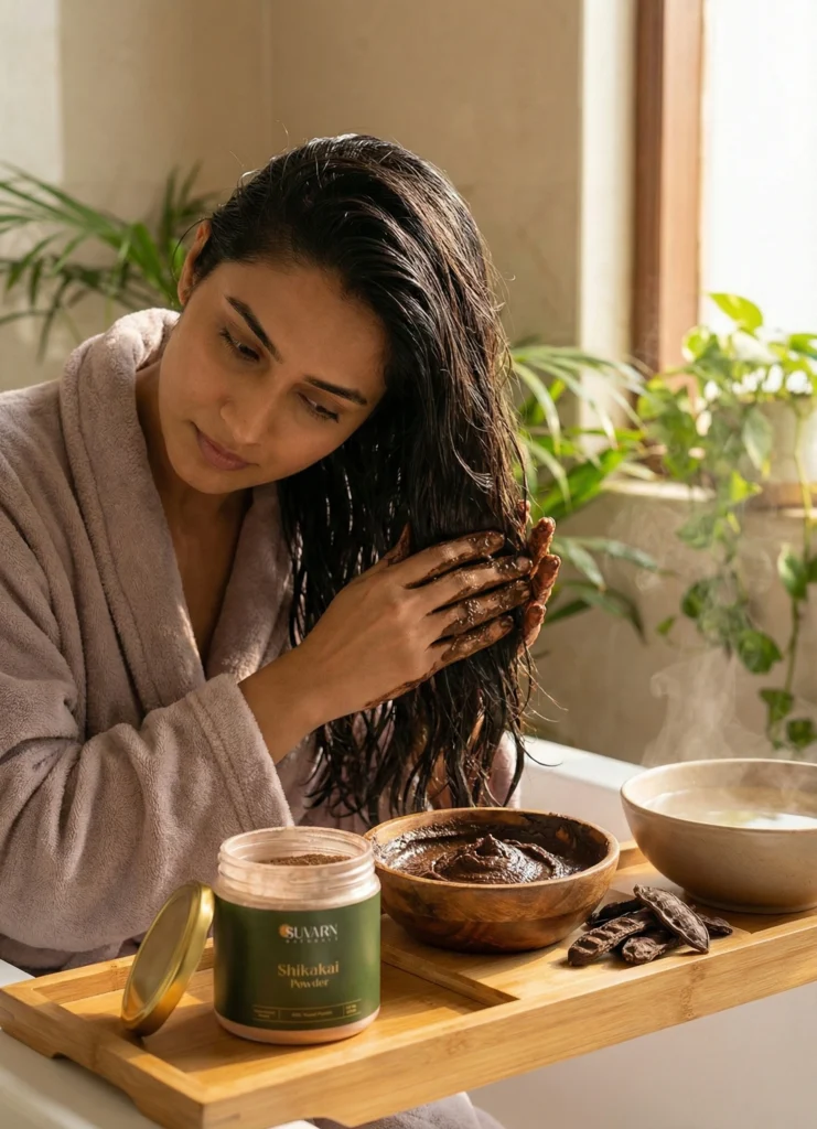 Woman in a bathrobe applies herbal paste to her wet hair while seated at a table with a jar of Suvarn Shikakai Powder, a bowl of paste, and dried shikakai pods in natural light.