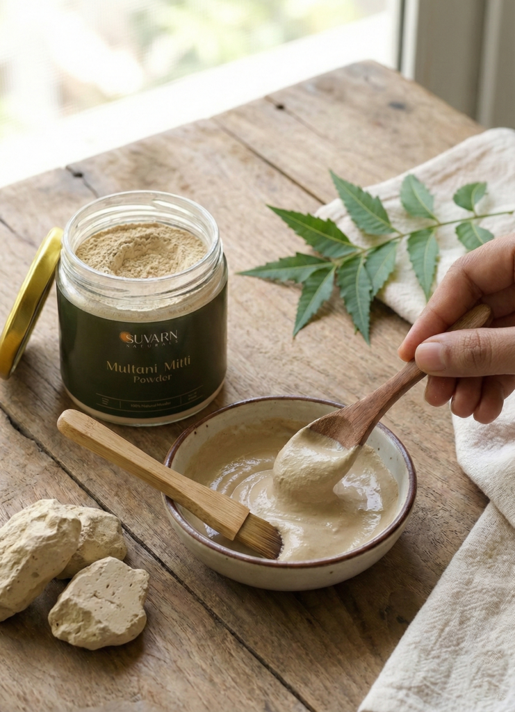 Open jar of Suvarn Naturals Multani Mitti Powder beside a bowl of freshly mixed clay paste, with a wooden spoon and brush on a rustic wooden table; natural clay stones and green neem leaves placed nearby in soft daylight.