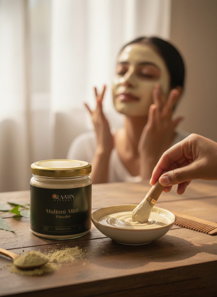 Jar of Suvarn Naturals Multani Mitti Powder beside a bowl of clay mask being mixed with a brush, while a woman in the background applies a face mask in soft natural light.
