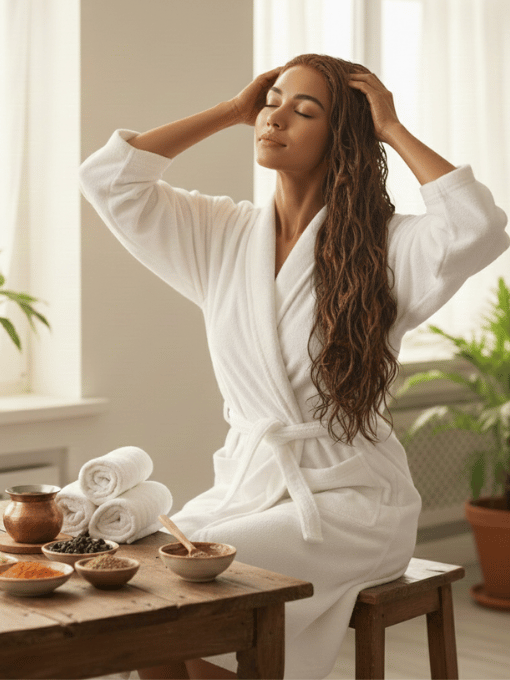 Woman in a white robe sits on a wooden bench, eyes closed, massaging oil into her long wet hair; herbal ingredients and rolled towels rest on a table beside her.