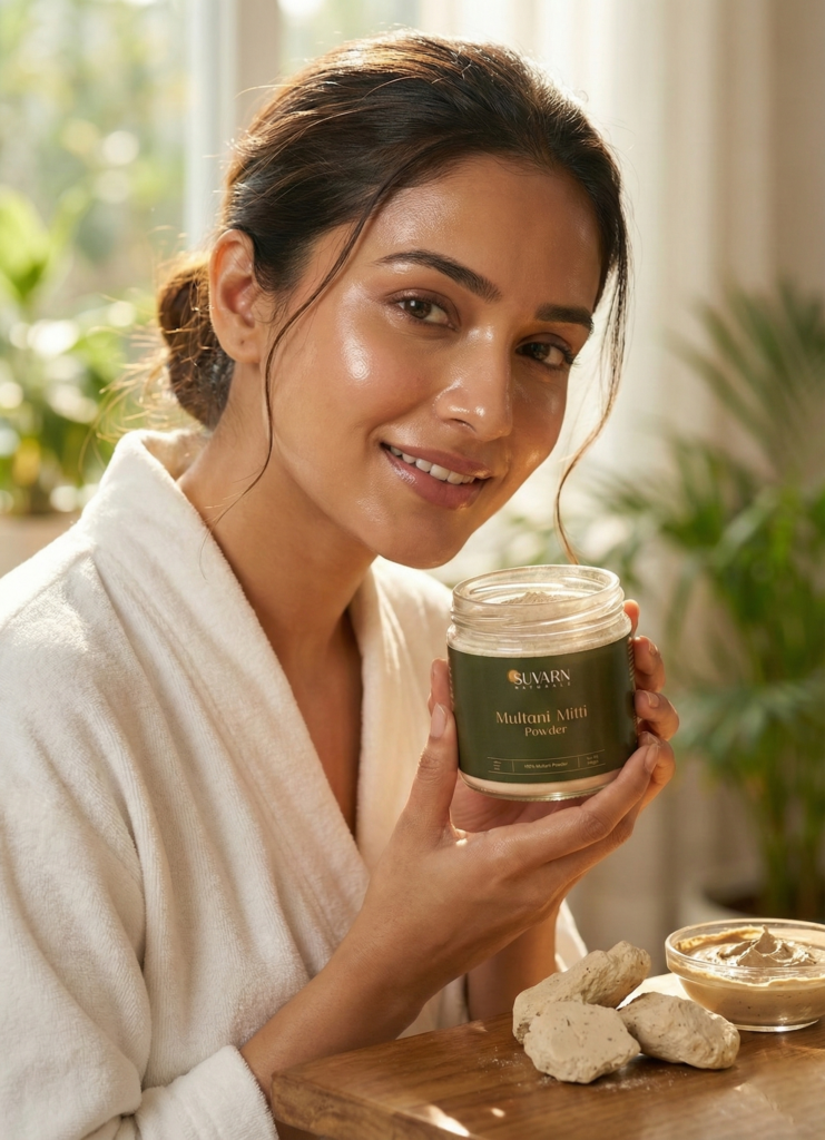 Smiling woman in a white robe holding a jar of Suvarn Naturals Multani Mitti Powder, with clay stones and a bowl of prepared face mask on a wooden table in soft natural light.