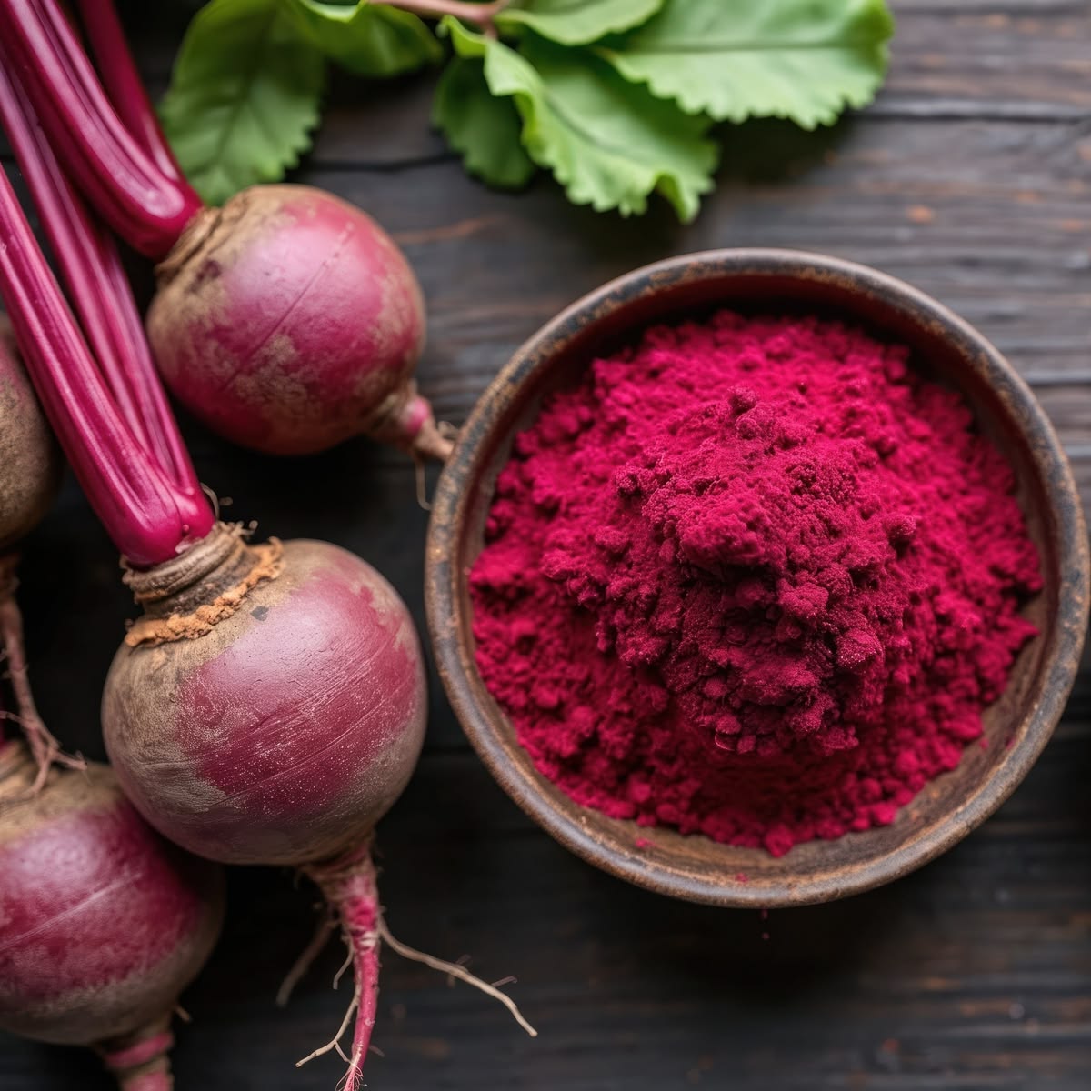 A close-up of fresh beetroots placed on a wooden surface alongside a rustic bowl filled with finely ground beetroot powder. The powder has a rich, deep pink color, highlighting its natural vibrancy, while green leaves in the background add a fresh, organic feel.