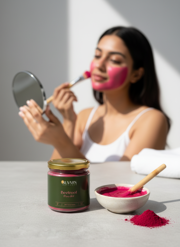 A woman applying a bright pink face mask with a brush while looking into a handheld mirror. In the foreground, a jar labeled “Suvarn Beetroot Powder” sits beside a small bowl containing the pink mixture, with some beetroot powder spilled on the surface. The setting is minimal and well-lit, giving a clean, natural skincare aesthetic.