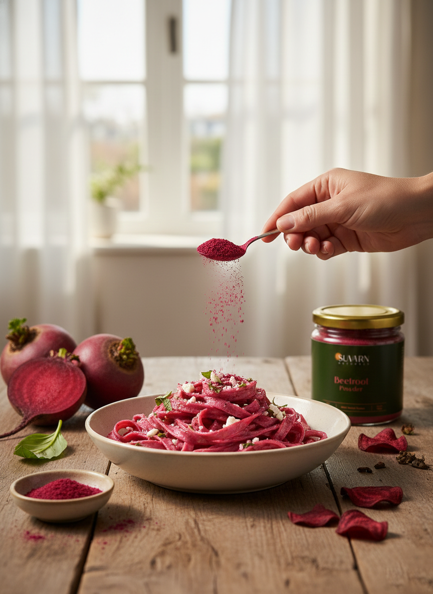 A hand sprinkles vibrant beetroot powder from a spoon over a plate of pink pasta, adding a final garnish. The dish is styled with herbs and small toppings, giving it a gourmet look. On the wooden table, there are fresh beetroots, a small bowl of beetroot powder, scattered dried slices, and a jar labeled “Suvarn Beetroot Powder,” all set against a softly lit, natural kitchen background.