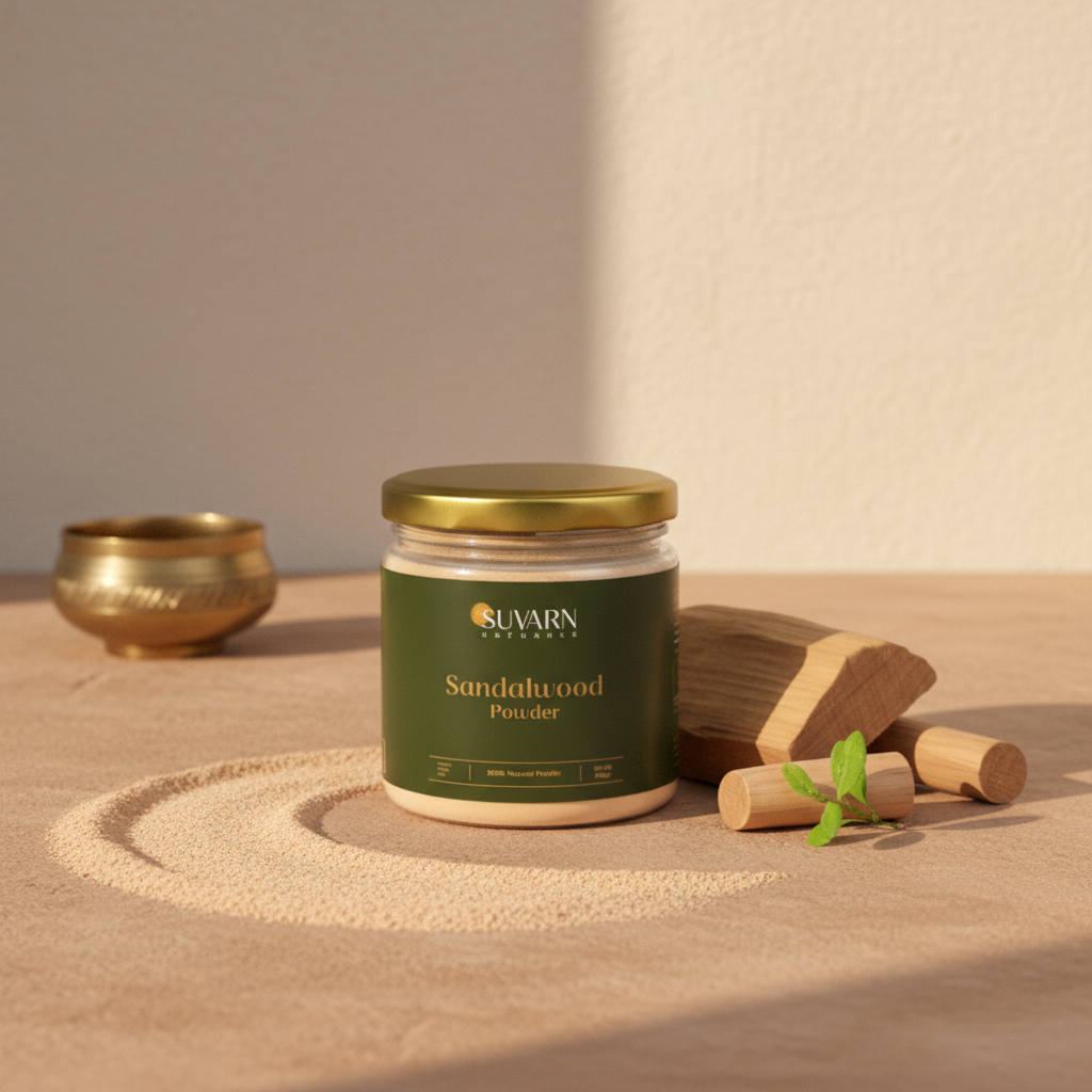 A warm, minimal product scene featuring a jar of Suvarn Sandalwood Powder placed on soft sand. The jar has a dark green label with gold lettering and a gold lid. Around it are natural wooden tools, a small brass bowl in the background, and a fresh green leaf beside the jar. The powder is artistically spread in a circular pattern on the sand, while sunlight creates soft shadows, giving the image a calm, natural, and earthy aesthetic.