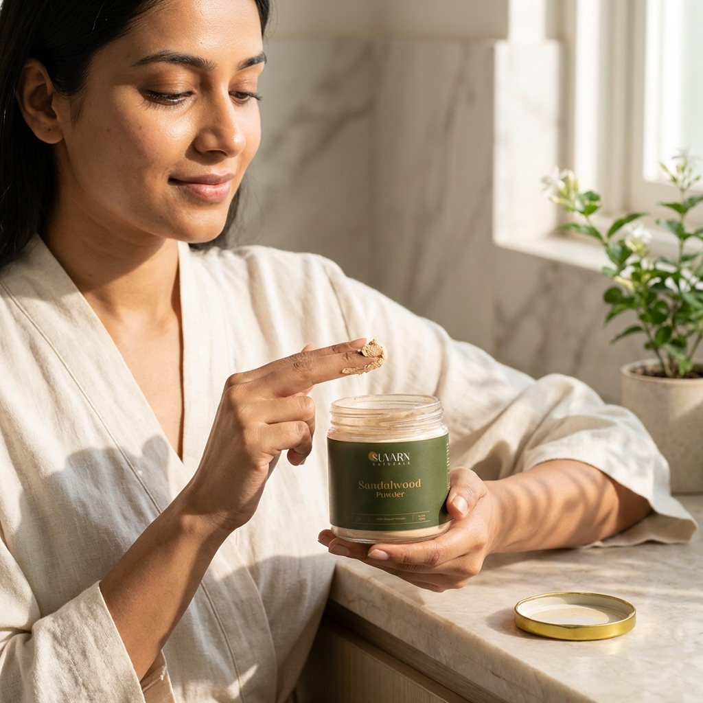 A woman in a soft robe stands by a sunlit window, holding a jar of Suvarn Sandalwood Powder. She gently takes a small amount of the powder on her fingertip from the open jar. Natural light falls on her face and the jar, while a small green plant and the gold lid rest on the marble counter nearby, creating a calm and natural skincare moment.