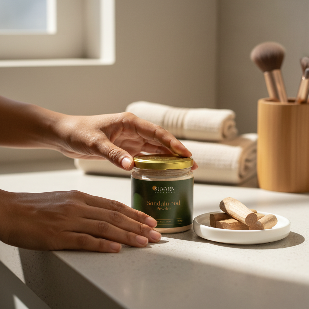A close-up of hands placing the gold lid onto a jar of Suvarn Sandalwood Powder on a clean countertop. Beside the jar is a small dish holding sandalwood sticks, while neatly folded towels and makeup brushes sit softly blurred in the background. Warm natural light from a nearby window creates a calm, spa-like skincare setting.
