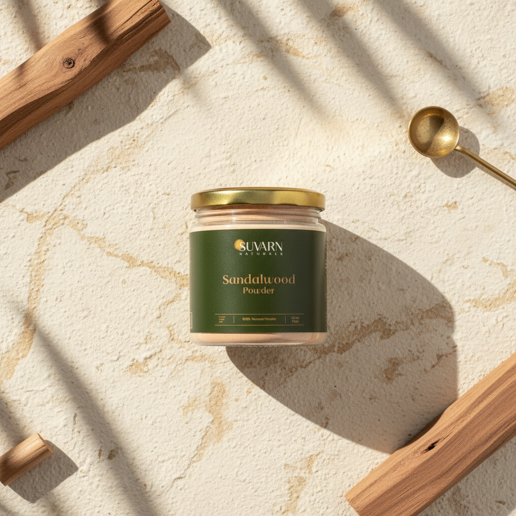 A top-down product shot of a Suvarn Sandalwood Powder jar placed on a textured beige surface. Soft sunlight creates diagonal shadows across the scene. Wooden sandalwood pieces and a small gold measuring spoon are arranged around the jar, highlighting the natural ingredients and giving the image a clean, earthy, and minimal aesthetic.