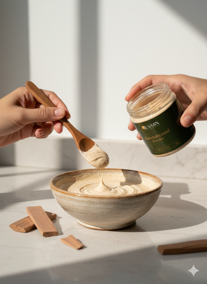 Hands preparing a skincare face pack using Suvarn Sandalwood Powder. One hand holds the open jar while the other uses a wooden spoon to mix a creamy sandalwood paste in a ceramic bowl. Small sandalwood pieces lie nearby on the marble surface, and soft sunlight creates a clean, natural, spa-like atmosphere.