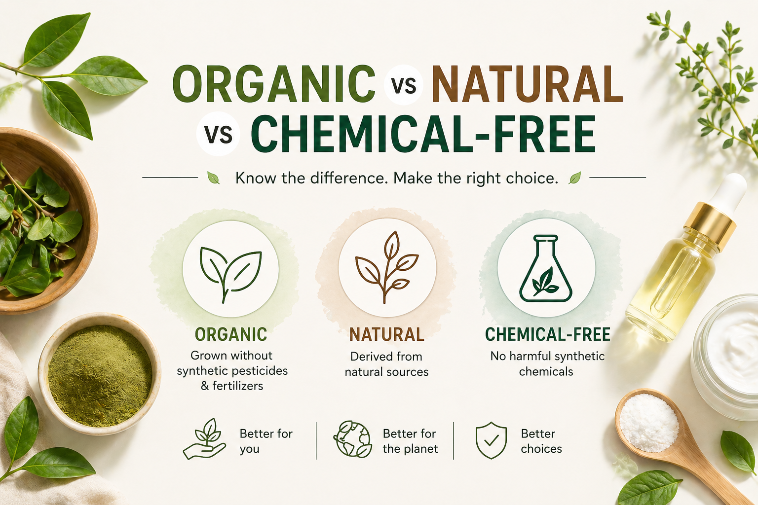 Organic vs natural vs chemical-free products comparison banner with herbal ingredients.