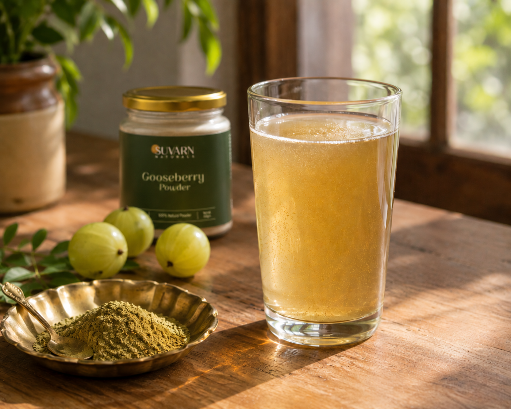 Amla powder dissolved in cool water – morning Pitta dosha summer routine drink