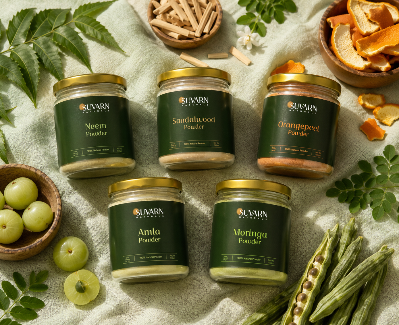Suvarn Naturals herbal powder range for summer skincare — Neem, Sandalwood, Orange Peel, Amla, Moringa