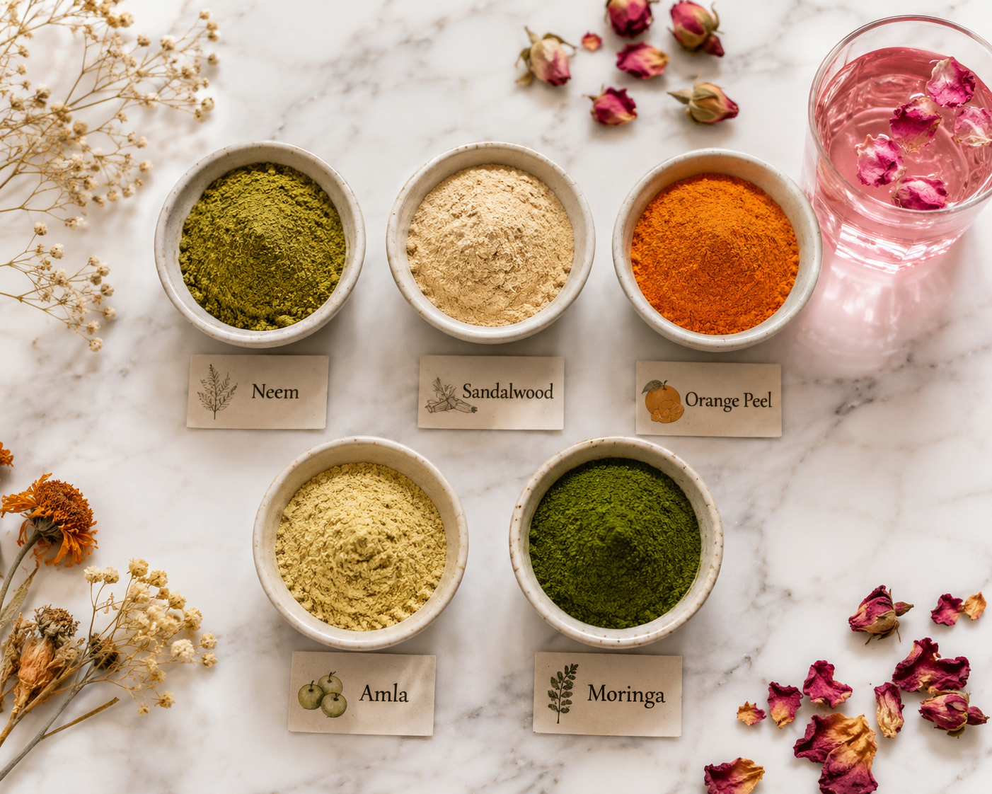 Natural powders for summer skincare — Neem, Sandalwood, Orange Peel, Amla, and Moringa from Suvarn Naturals