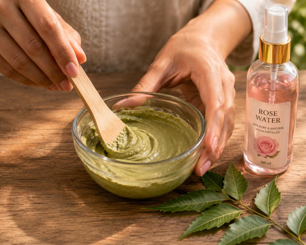 DIY summer face pack using Suvarn Naturals Neem and Sandalwood Powder mixed with rose water
