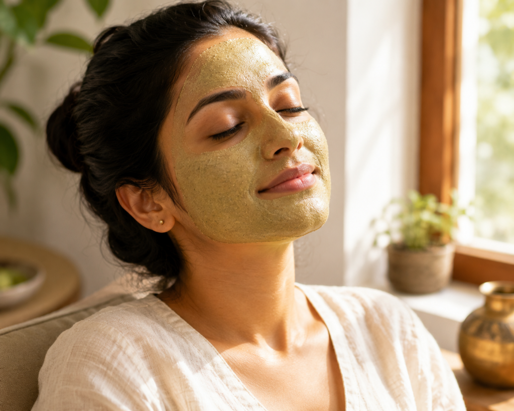 Indian woman applying natural herbal powder face pack for summer skincare — Ayurvedic cooling ritual