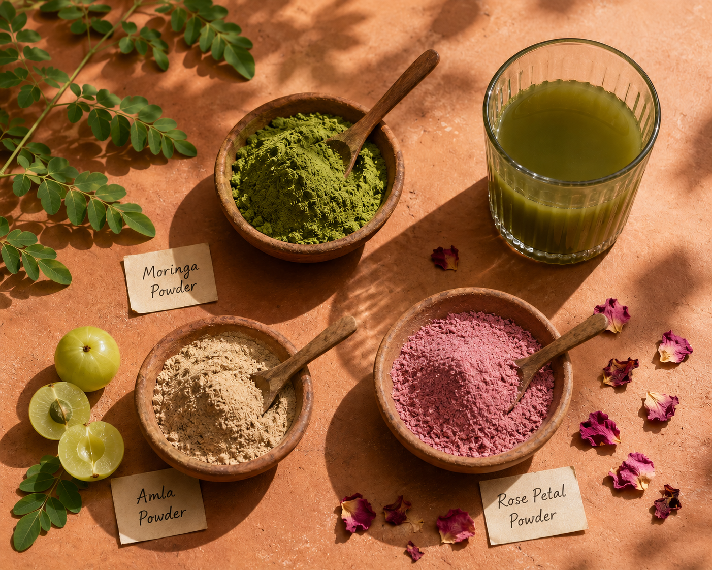 Summer detox naturally — Suvarn Naturals Moringa and Amla powder flat-lay with rose petals