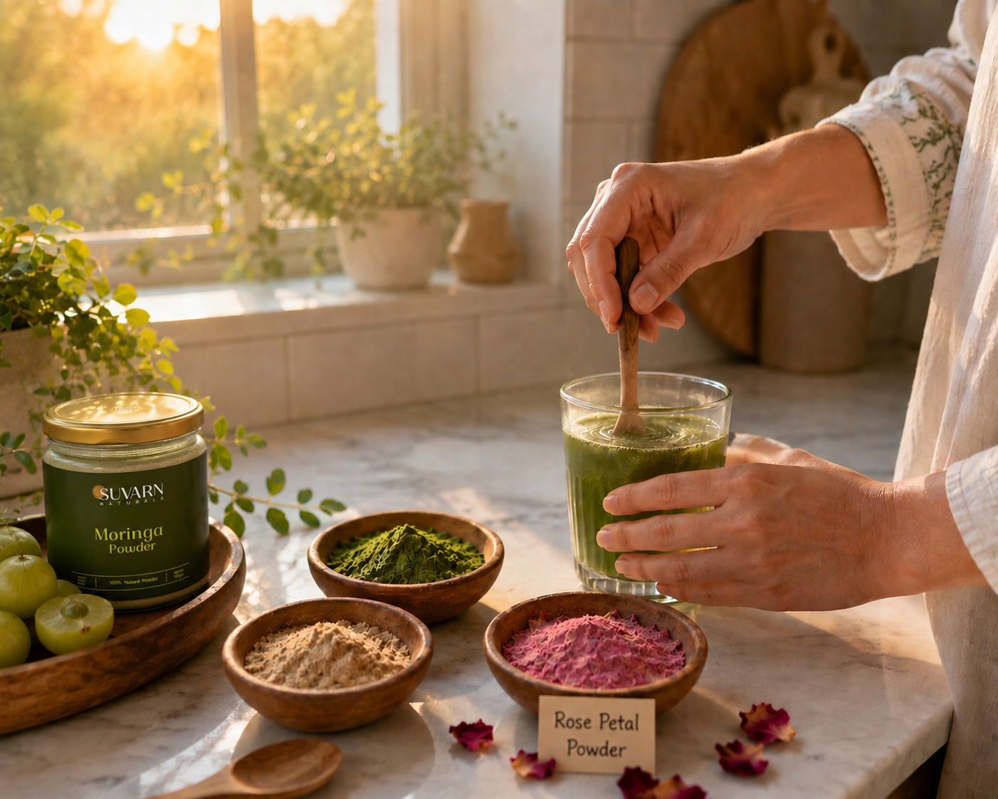 3-minute summer detox ritual with Moringa Powder and Amla Powder in warm water
