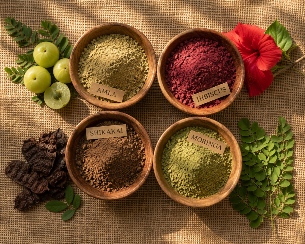 Amla hibiscus shikakai moringa powder for summer hair problems natural remedies