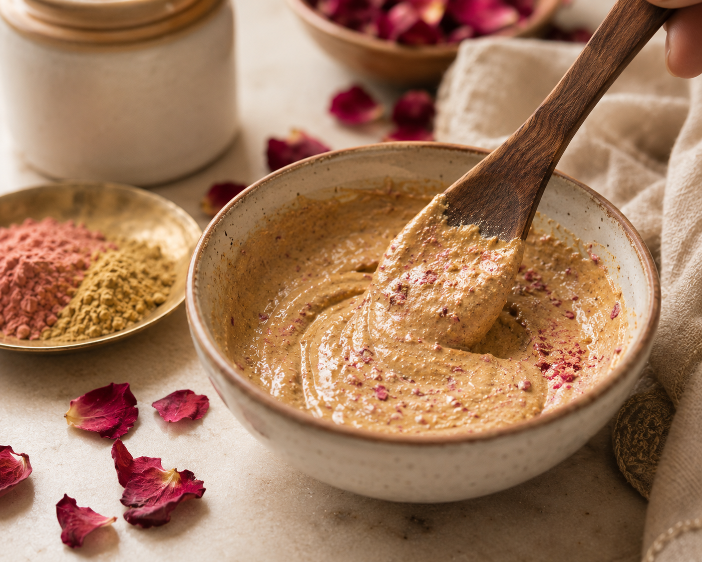 Sandalwood and rose powder paste recipe for Pitta dosha cooling summer face ritual

