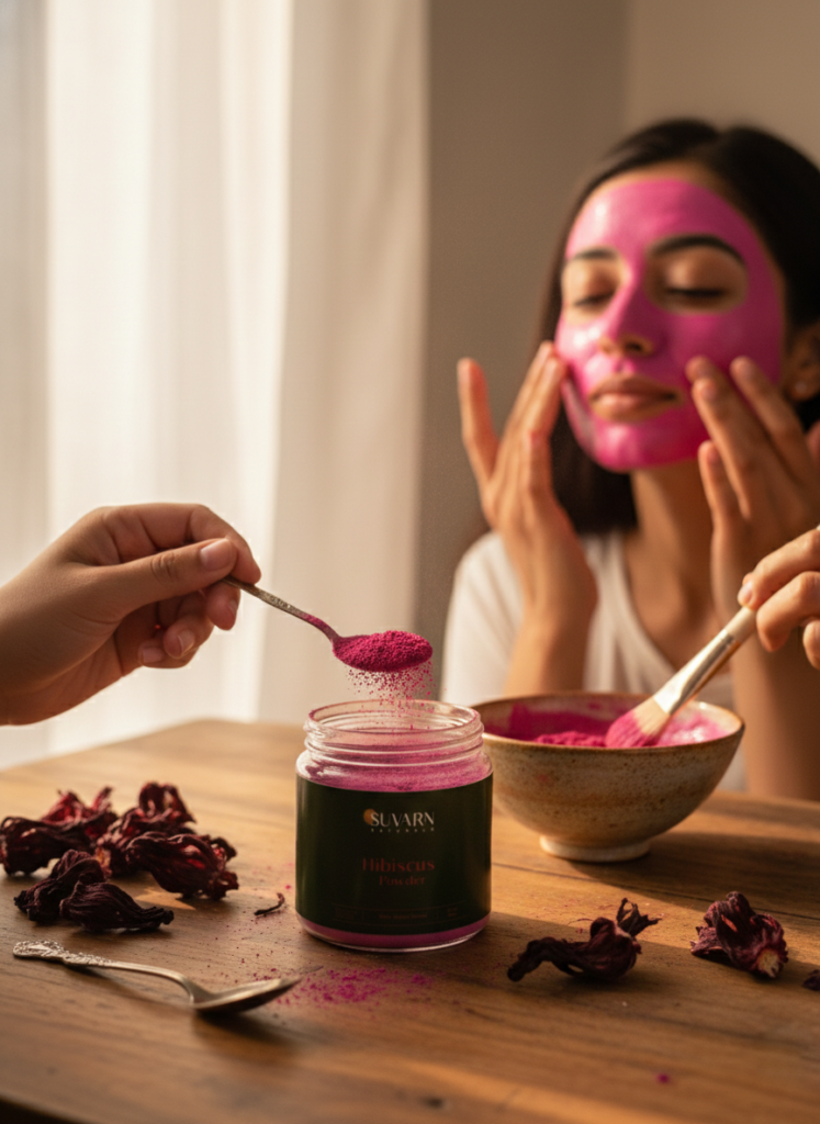 herbal powders for skin and hair - hibiscus flat lay