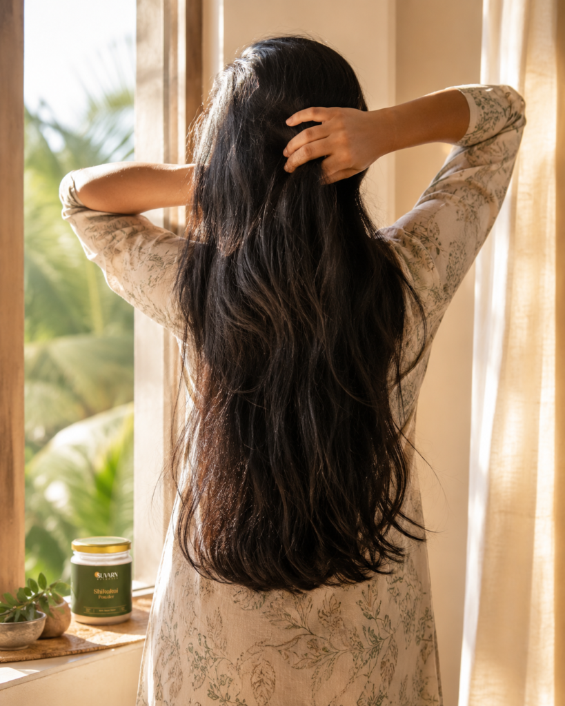 Woman with healthy hair after switching from shampoo to Shikakai powder — natural hair care India