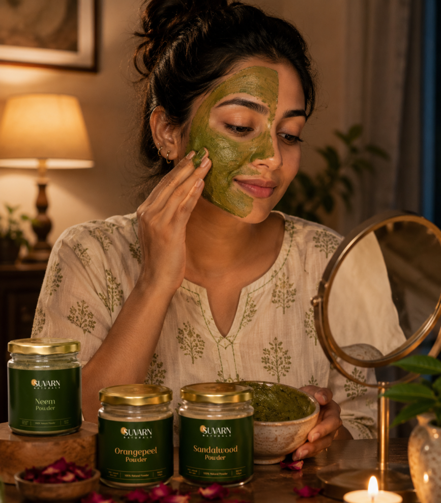 Indian woman using herbal face pack for acne-prone skin at home — natural Ayurvedic skincare