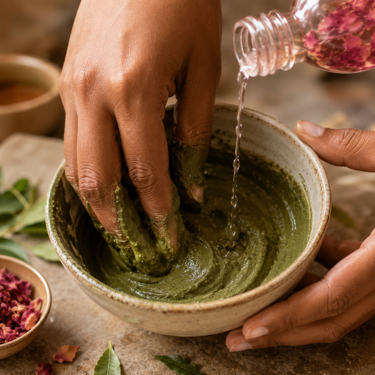Mixing neem and sandalwood powder paste at home — Ayurvedic acne face mask recipe