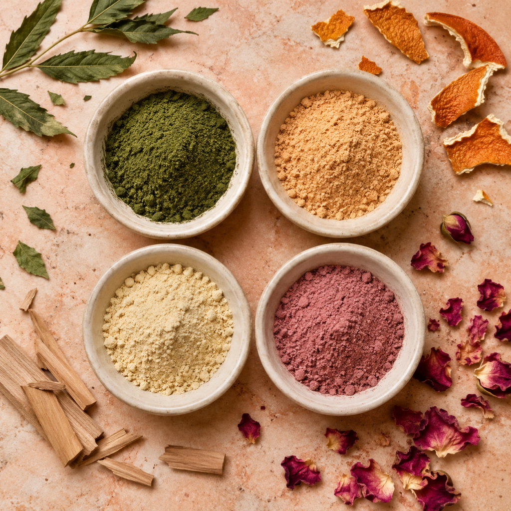 Natural remedies for acne-prone skin — neem, sandalwood, orange peel and rose powder from Suvarn Naturals