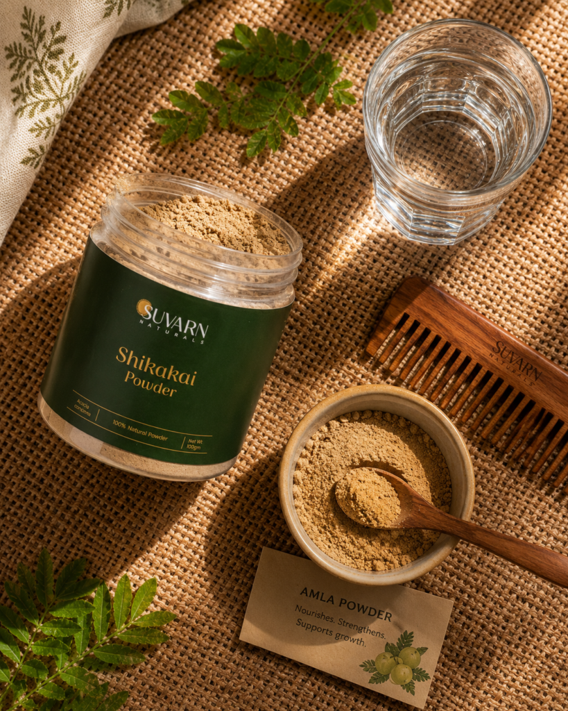 Shikakai and Amla powder hair wash ritual — Suvarn Naturals natural hair care routine