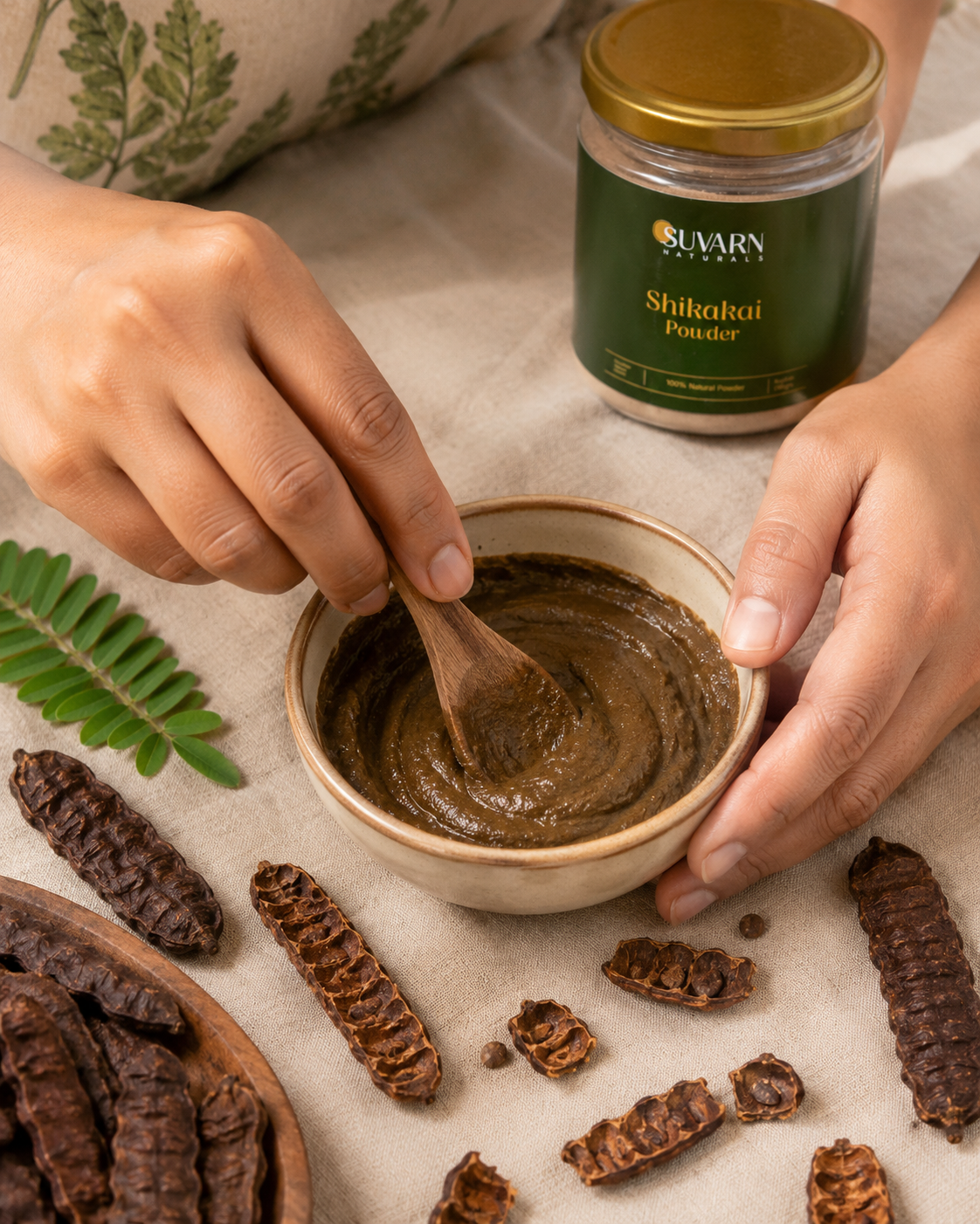 Mixing Shikakai powder paste for hair wash — natural alternative to shampoo