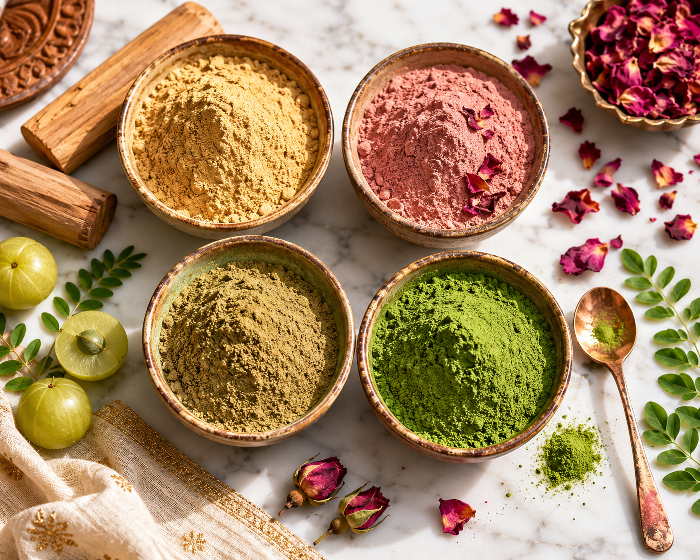 Suvarn Naturals cooling herb powders for Pitta dosha summer routine – sandalwood, rose, amla, moringa