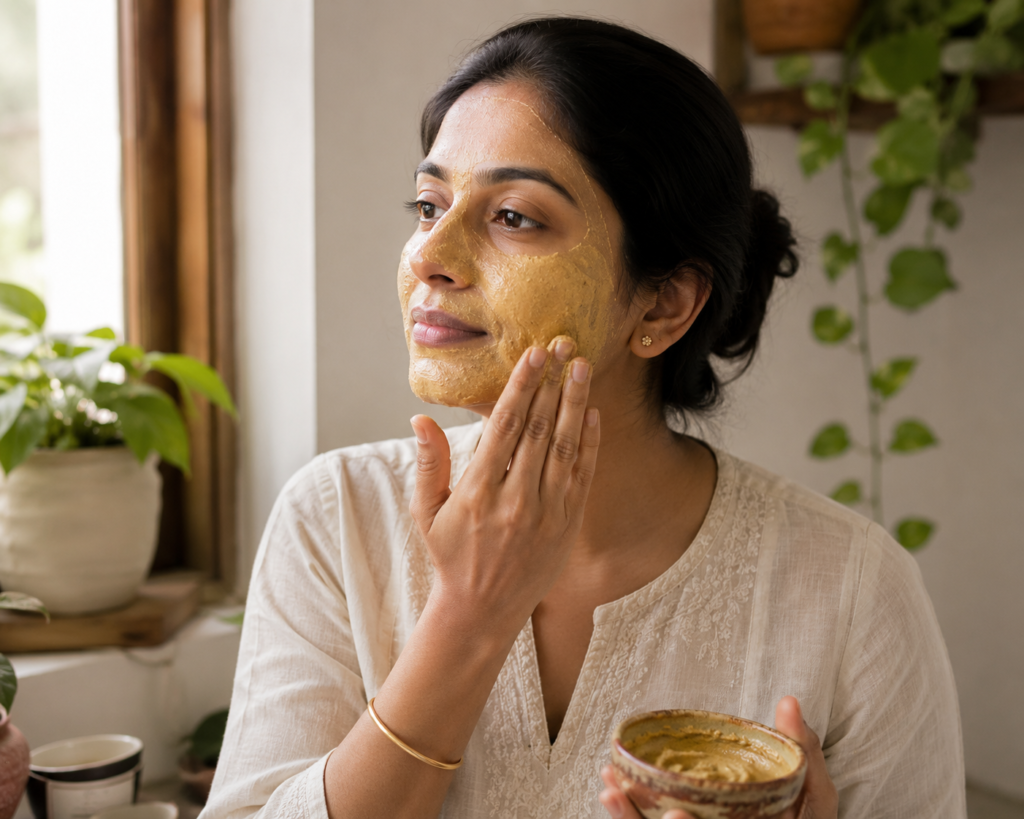 Woman applying sandalwood rose powder face mask as part of Pitta dosha summer skincare routine
