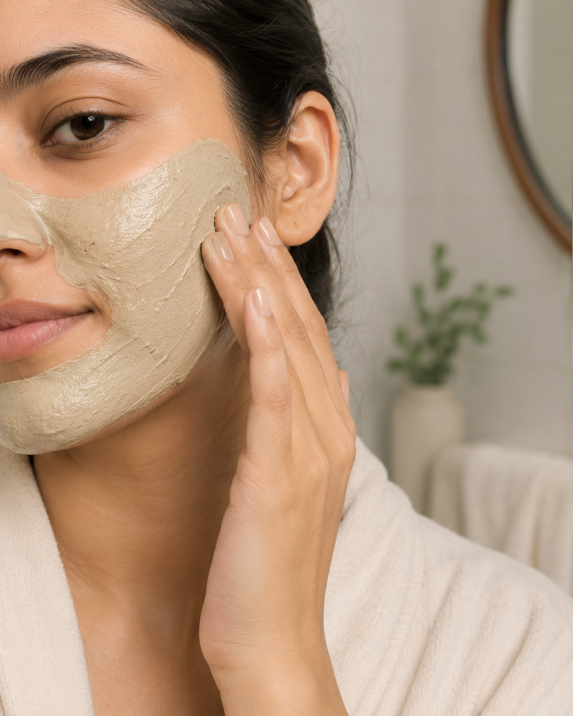 Woman applying multani mitti face pack for oily skin
