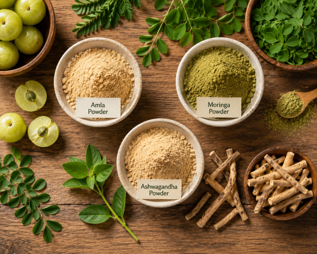 amla moringa ashwagandha powder for immunity on wooden table