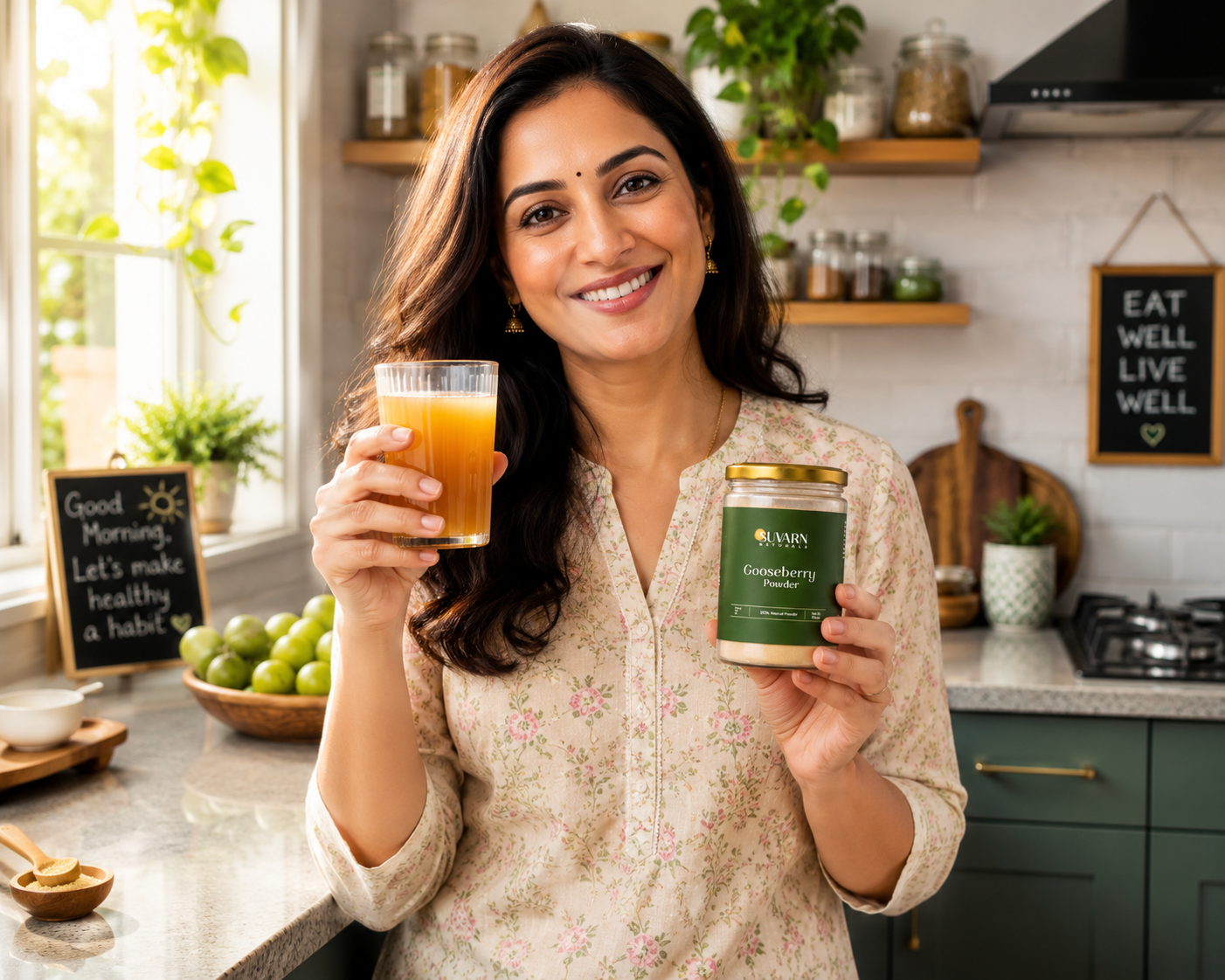 Woman drinking amla powder immunity drink in the morning