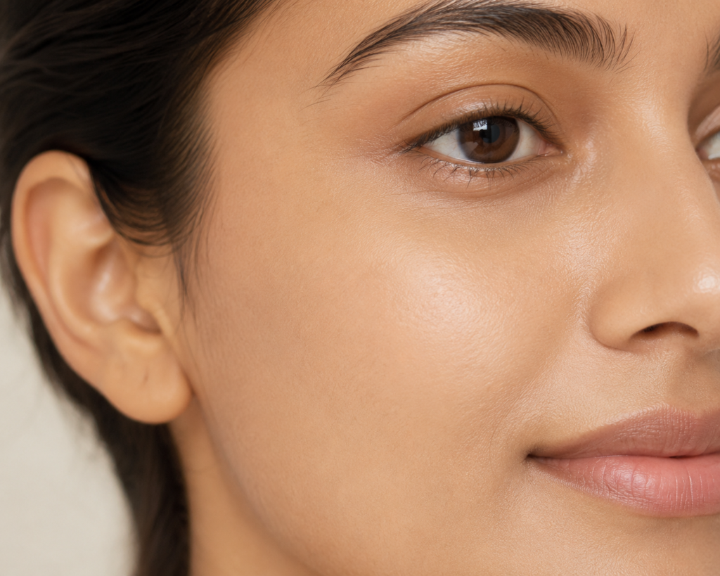 Close-up of healthy Indian skin with visible pore refinement and a matte, even tone after face pack use.