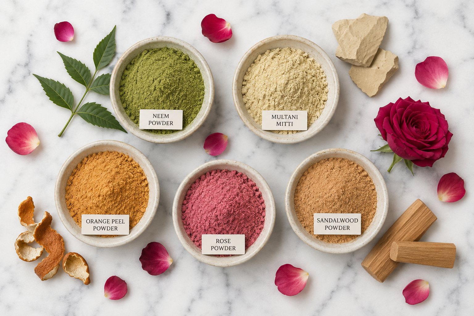 Flat lay of neem powder, multani mitti, orange peel powder, rose powder, and sandalwood powder in small ceramic bowls on a white marble surface with rose petals scattered around.
