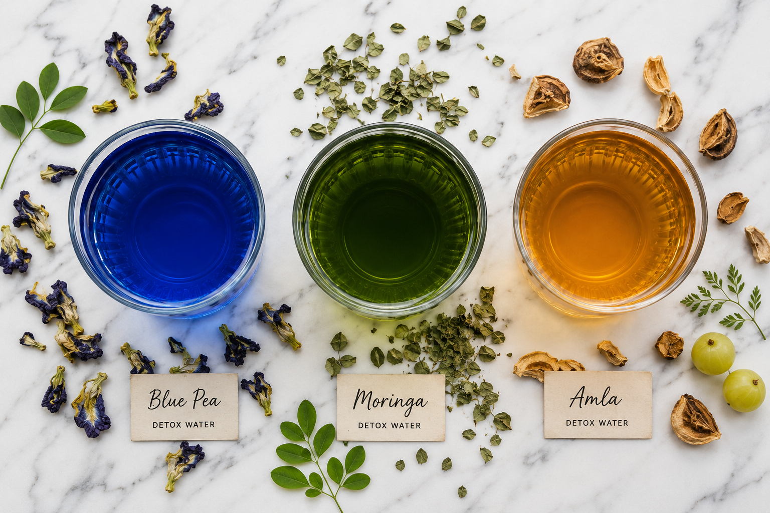detox water recipes for summer with blue pea flower moringa and amla