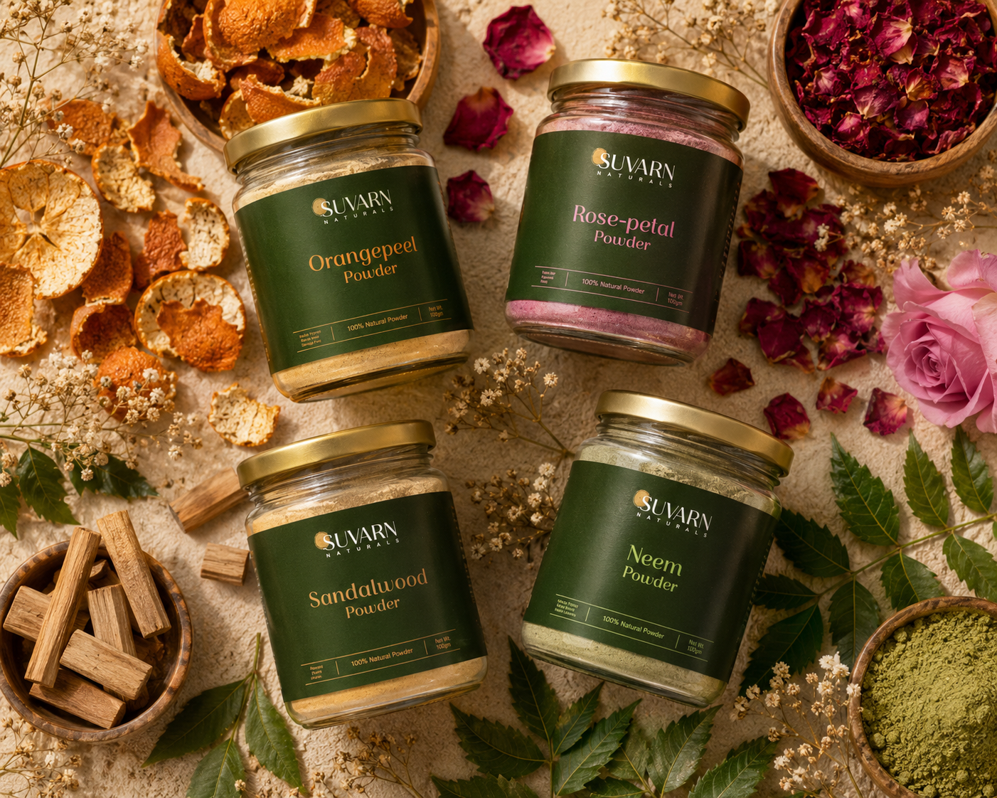 Suvarn Naturals orange peel rose sandalwood neem powder skincare products