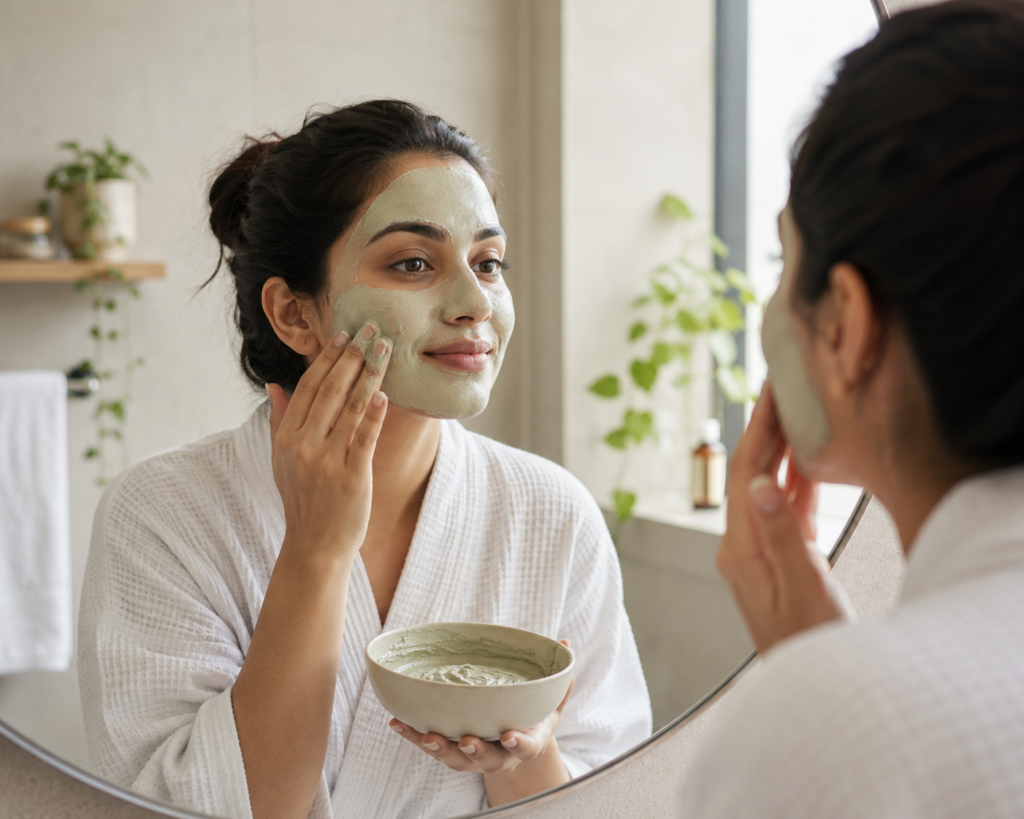 Woman applying a pale green-grey face pack paste to her face in front of a mirror, bathroom setting, natural morning light