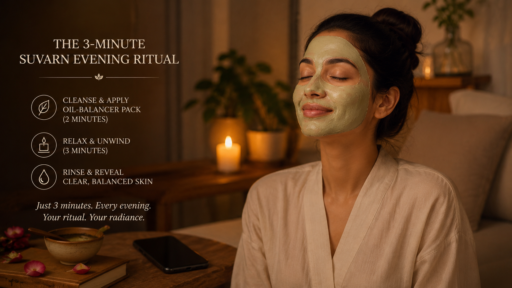Woman doing the 3-minute Suvarn evening ritual — phone face-down, face pack on, candle in background, peaceful expression