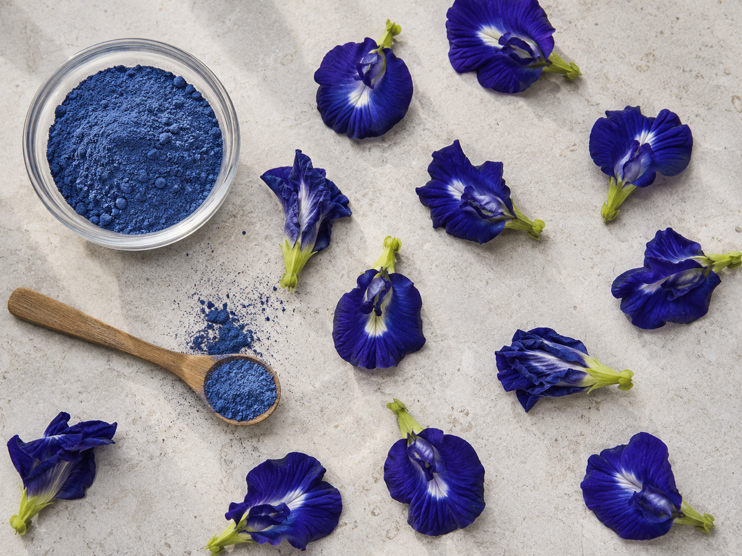 butterfly pea flower powder for hair growth flat lay Suvarn Naturals
