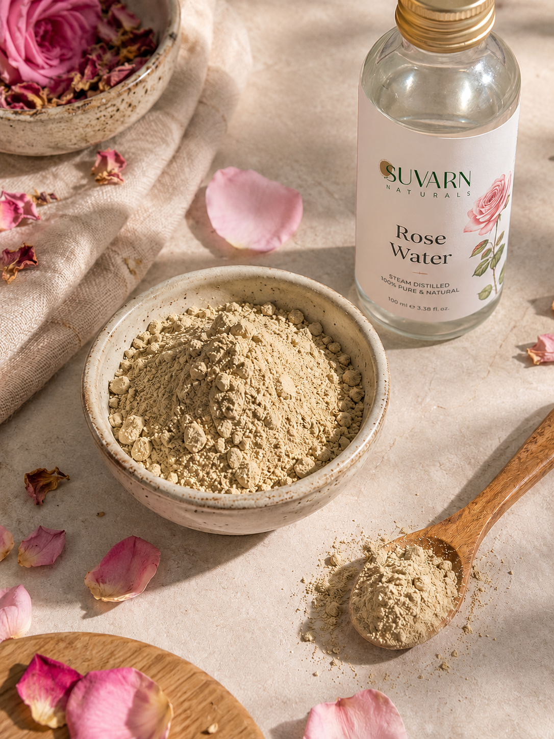 Multani mitti powder in ceramic bowl with rose water for skin face pack
