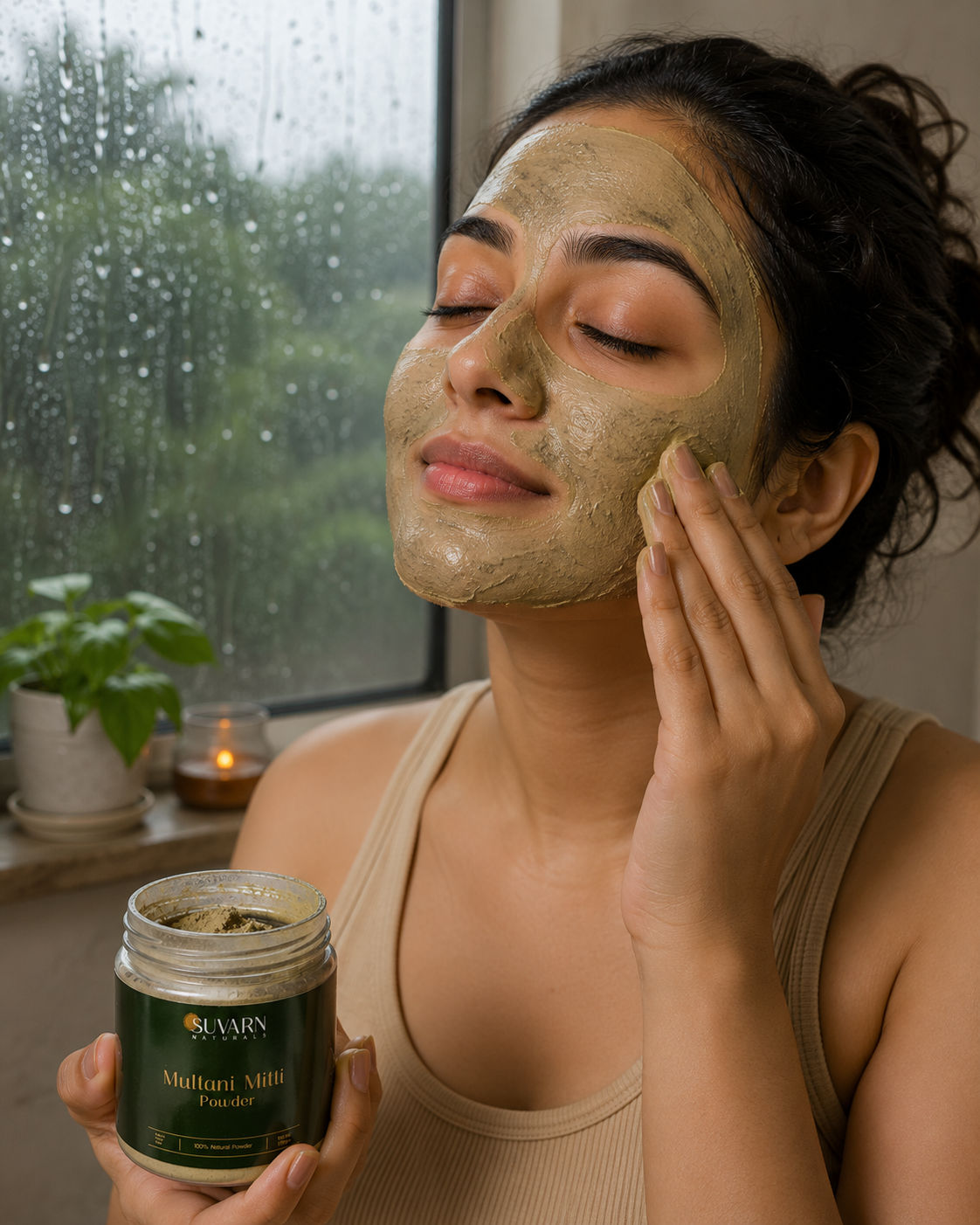 Woman applying Multani Mitti face pack for oily skin in monsoon