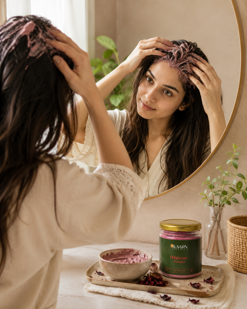 Applying herbal powder for hair fall at home