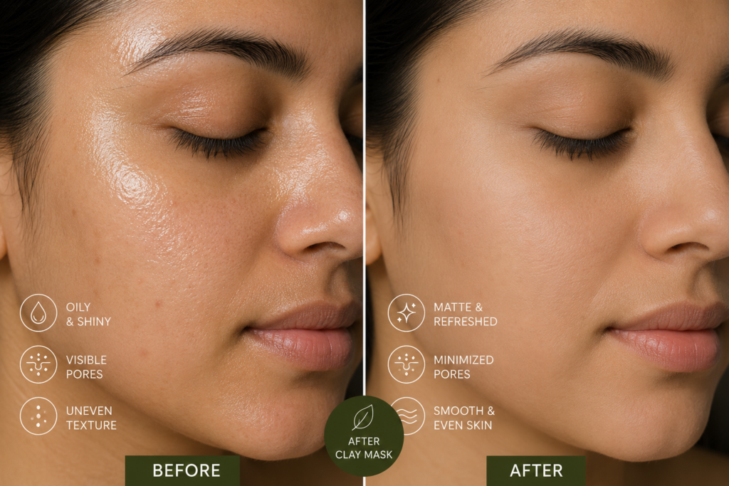 Oily skin before and after herbal clay mask monsoon