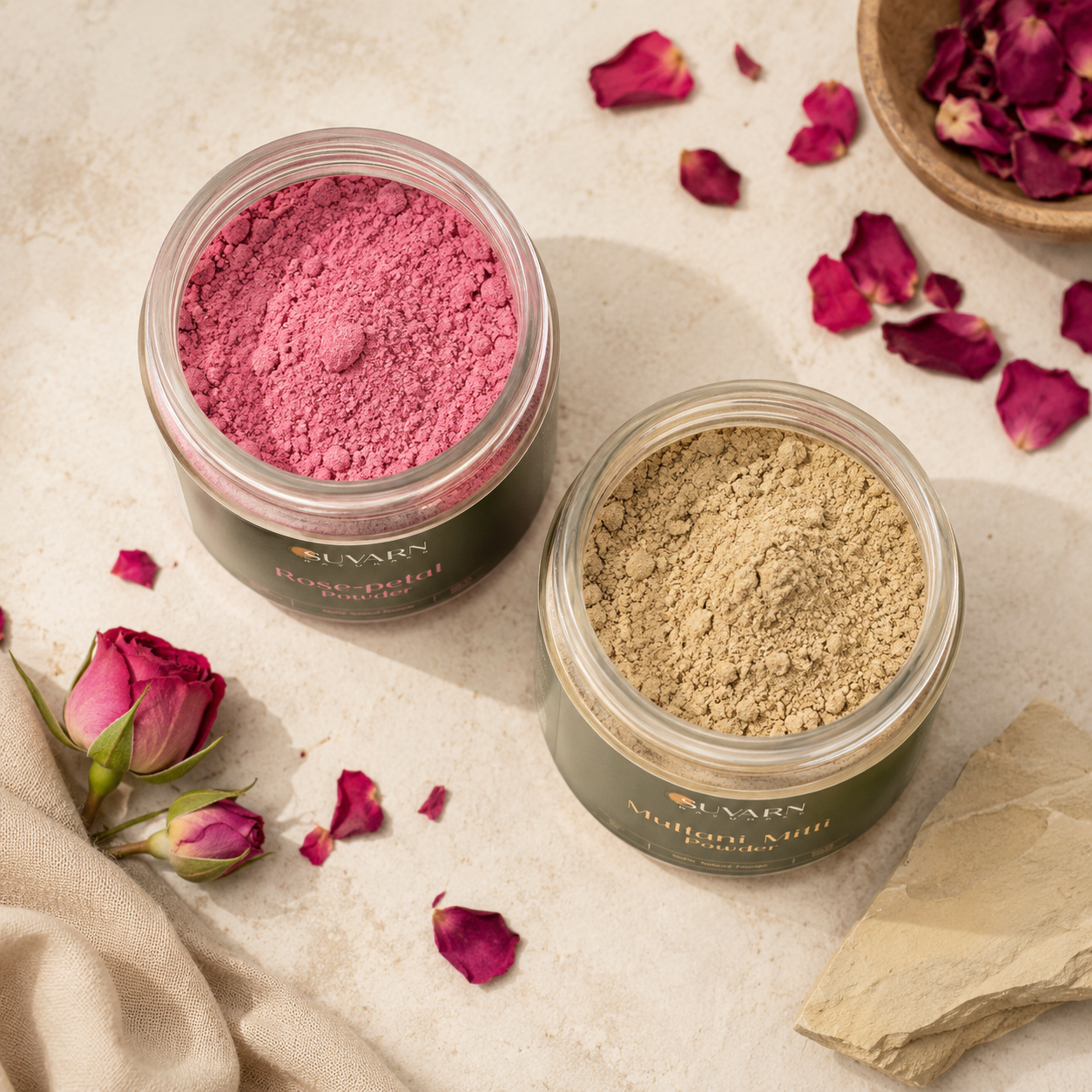 Rose Powder vs Multani Mitti comparison jars