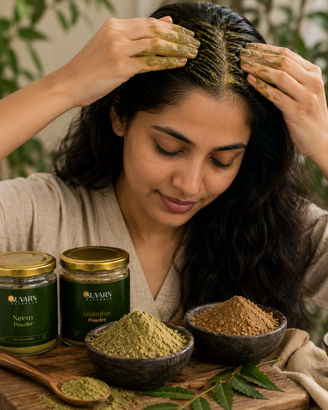 applying neem shikakai paste for fungal infections on the scalp